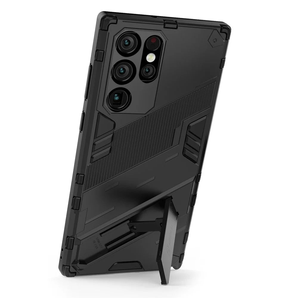Shockproof TPU + PC Phone Back Cover Cellphone Case with Kickstand for Samsung Galaxy S22 Ultra 5G - Black - 3