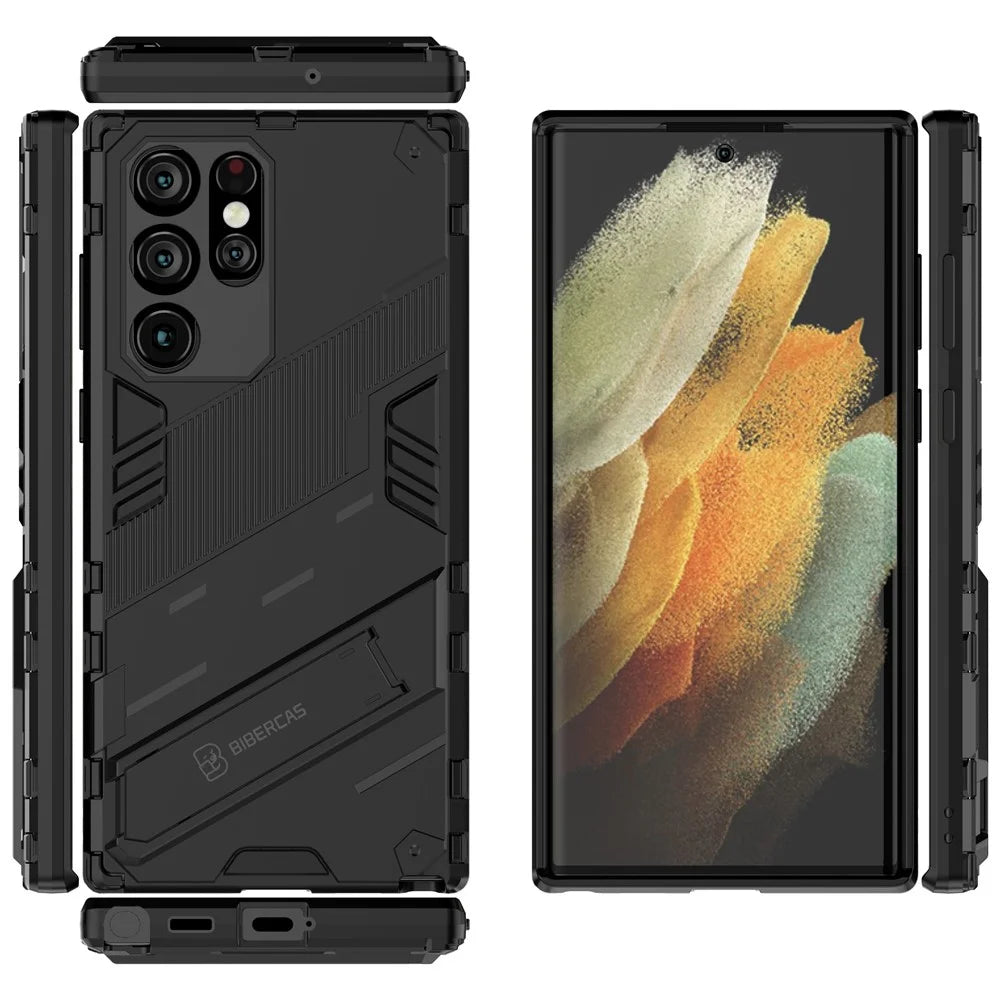 Shockproof TPU + PC Phone Back Cover Cellphone Case with Kickstand for Samsung Galaxy S22 Ultra 5G - Black - 6