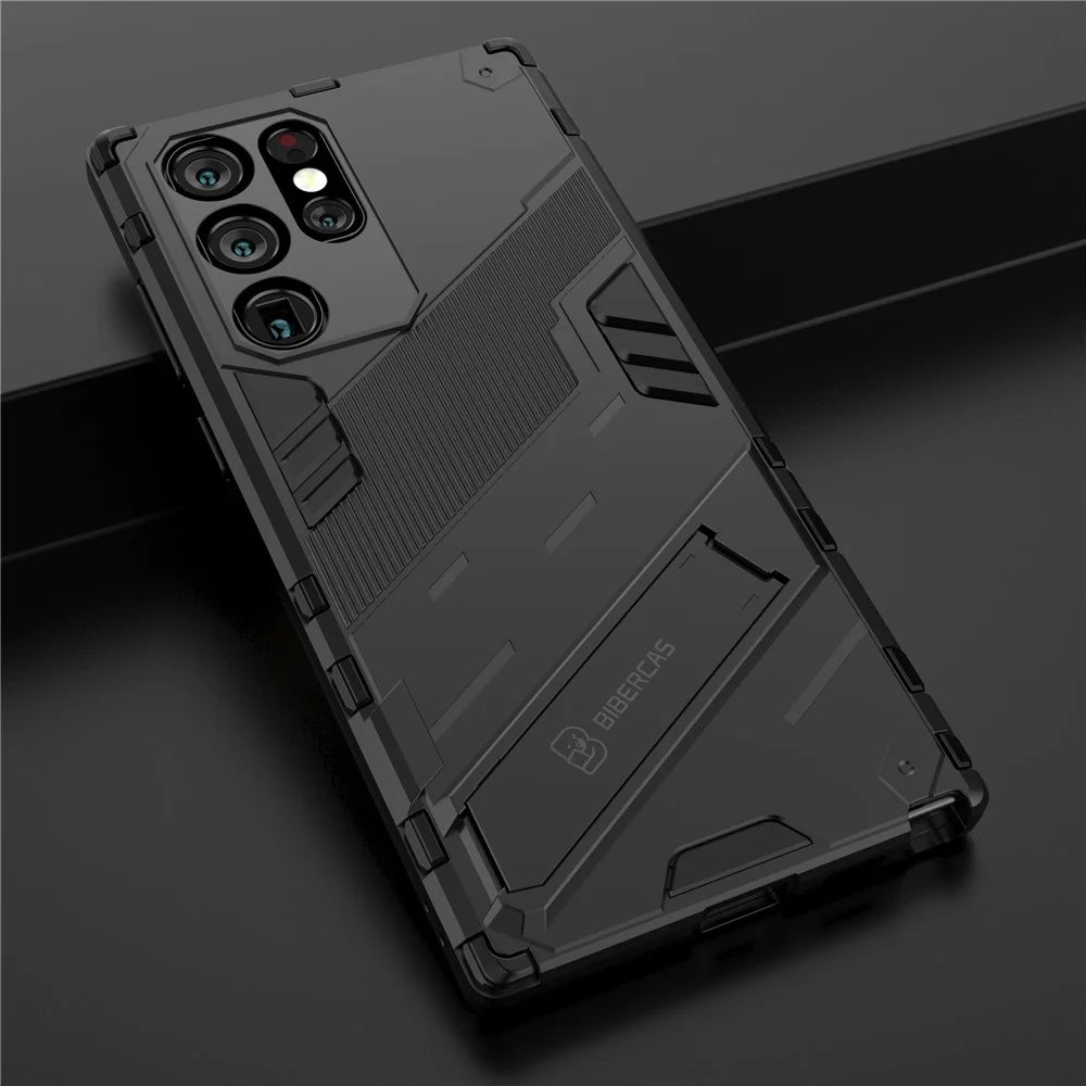 Shockproof TPU + PC Phone Back Cover Cellphone Case with Kickstand for Samsung Galaxy S22 Ultra 5G - Black - 7