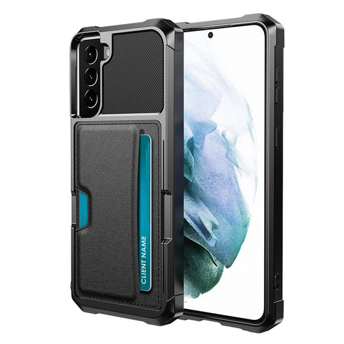 ZM02 Shockproof Card Holders Kickstand PU Leather + TPU Hybrid Case Phone Shell [Built-in Magnetic Metal Sheet] for Samsung Galaxy S22+ 5G - Black - 1