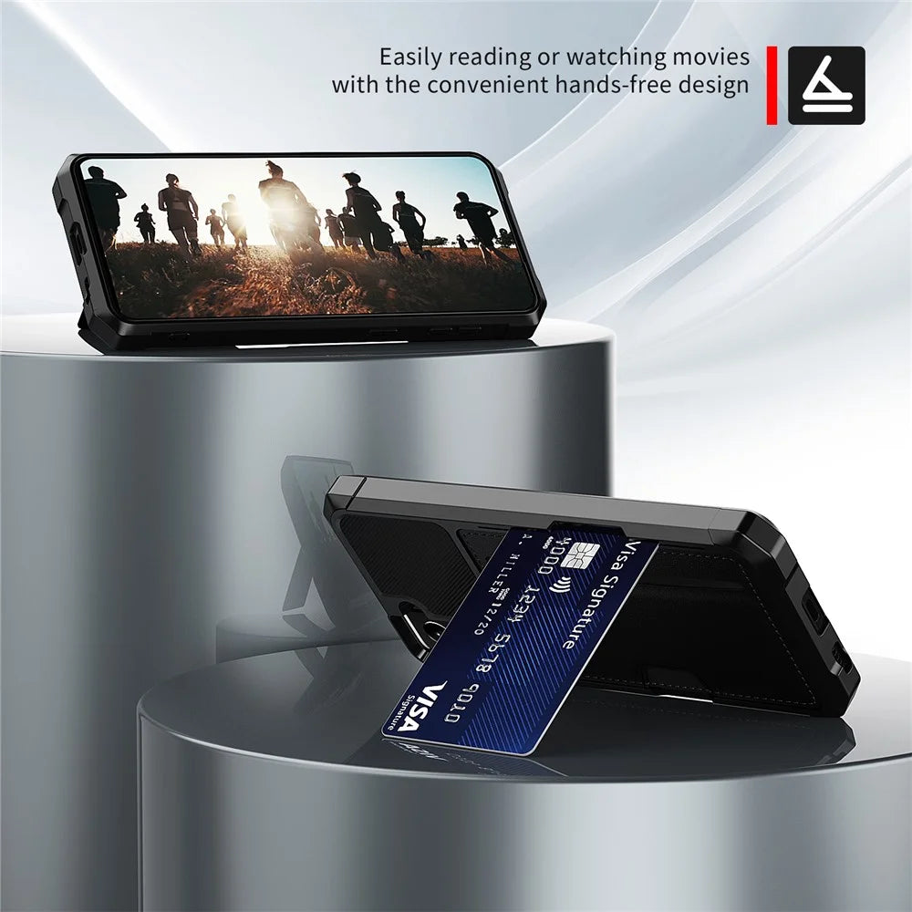 ZM02 Shockproof Card Holders Kickstand PU Leather + TPU Hybrid Case Phone Shell [Built-in Magnetic Metal Sheet] for Samsung Galaxy S22+ 5G - Black - 3