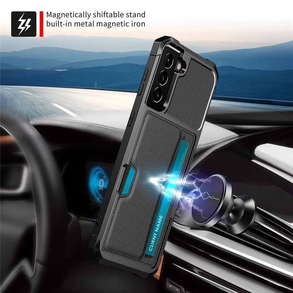 ZM02 Shockproof Card Holders Kickstand PU Leather + TPU Hybrid Case Phone Shell [Built-in Magnetic Metal Sheet] for Samsung Galaxy S22+ 5G - Black - 6
