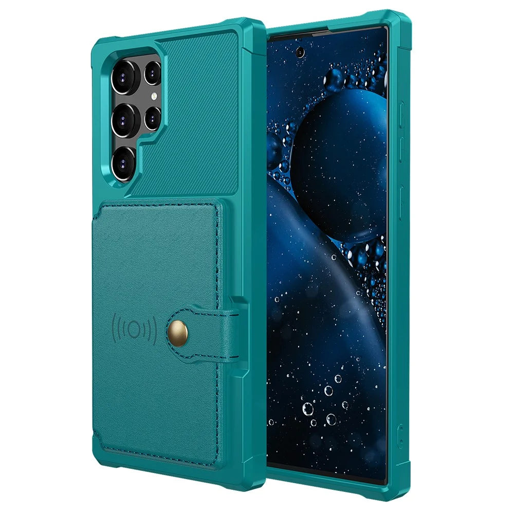 ZM03 For Samsung Galaxy S22 Ultra 5G Case Card Holder Kickstand Soft TPU+PU Leather Shell - Green - 1