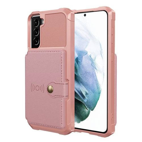 ZM03 Anti-fingerprint Card Holders Kickstand PU Leather + TPU Hybrid Case Phone Shell [Built-in Magnetic Metal Sheet] for Samsung Galaxy S22+ 5G - Pink - 1
