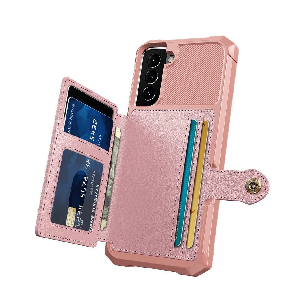 ZM03 Anti-fingerprint Card Holders Kickstand PU Leather + TPU Hybrid Case Phone Shell [Built-in Magnetic Metal Sheet] for Samsung Galaxy S22+ 5G - Pink - 2