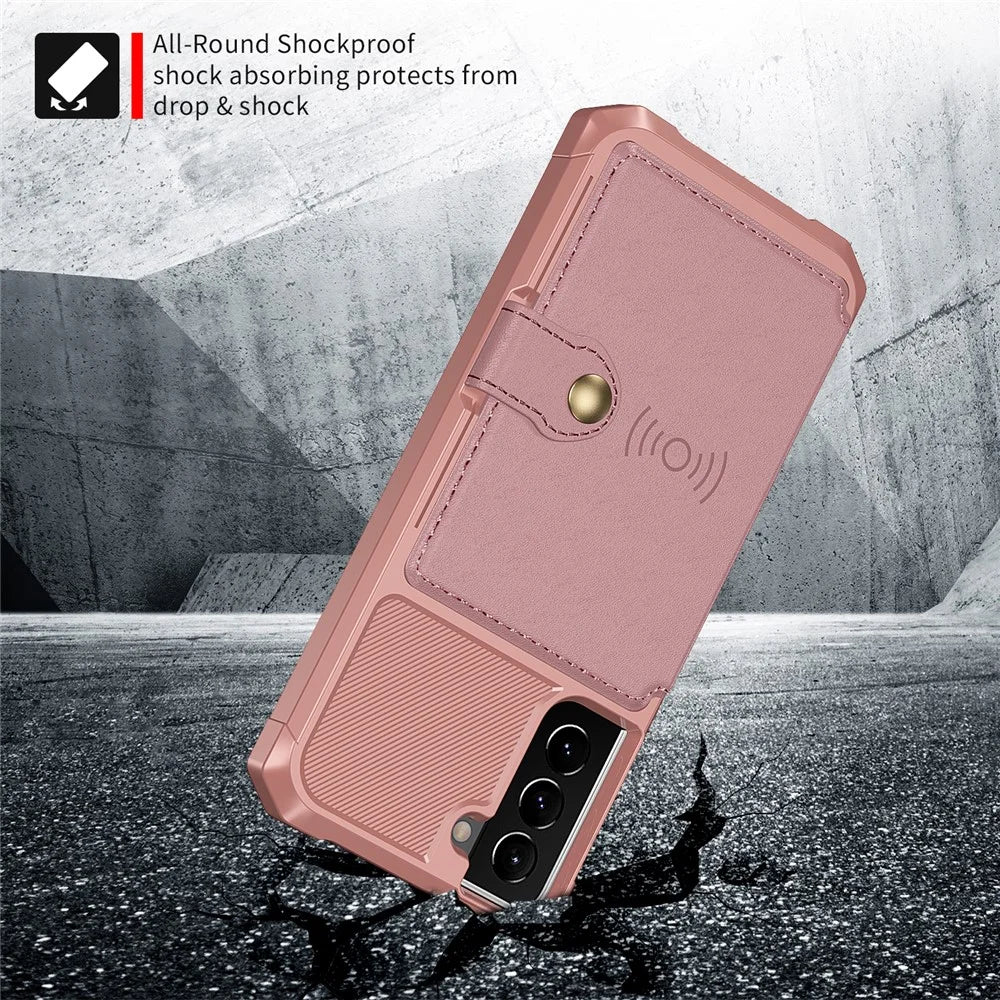 ZM03 Anti-fingerprint Card Holders Kickstand PU Leather + TPU Hybrid Case Phone Shell [Built-in Magnetic Metal Sheet] for Samsung Galaxy S22+ 5G - Pink - 3