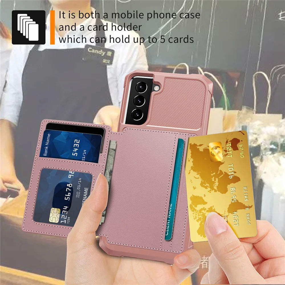 ZM03 Anti-fingerprint Card Holders Kickstand PU Leather + TPU Hybrid Case Phone Shell [Built-in Magnetic Metal Sheet] for Samsung Galaxy S22+ 5G - Pink - 4