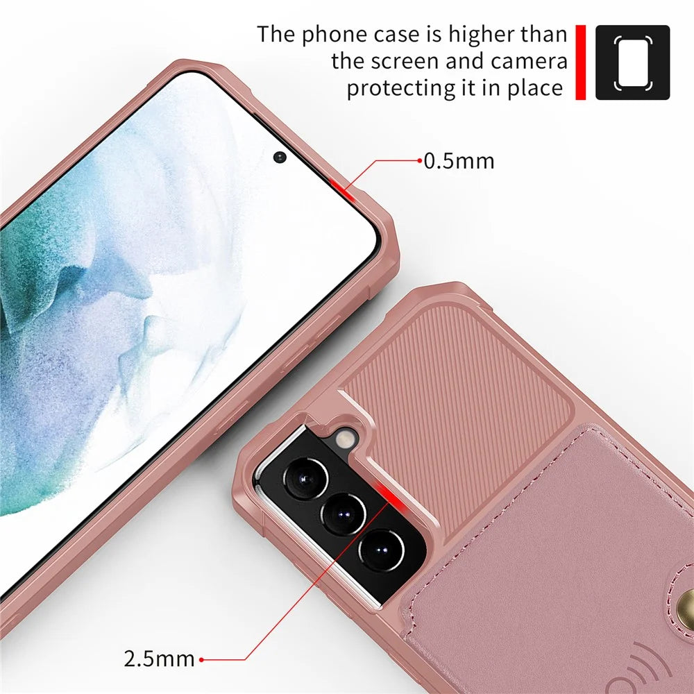 ZM03 Anti-fingerprint Card Holders Kickstand PU Leather + TPU Hybrid Case Phone Shell [Built-in Magnetic Metal Sheet] for Samsung Galaxy S22+ 5G - Pink - 5