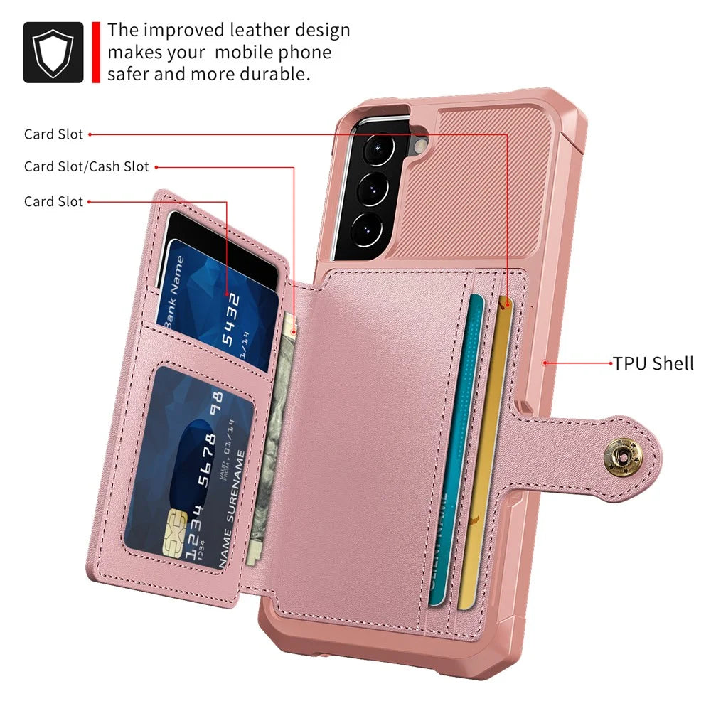 ZM03 Anti-fingerprint Card Holders Kickstand PU Leather + TPU Hybrid Case Phone Shell [Built-in Magnetic Metal Sheet] for Samsung Galaxy S22+ 5G - Pink - 6