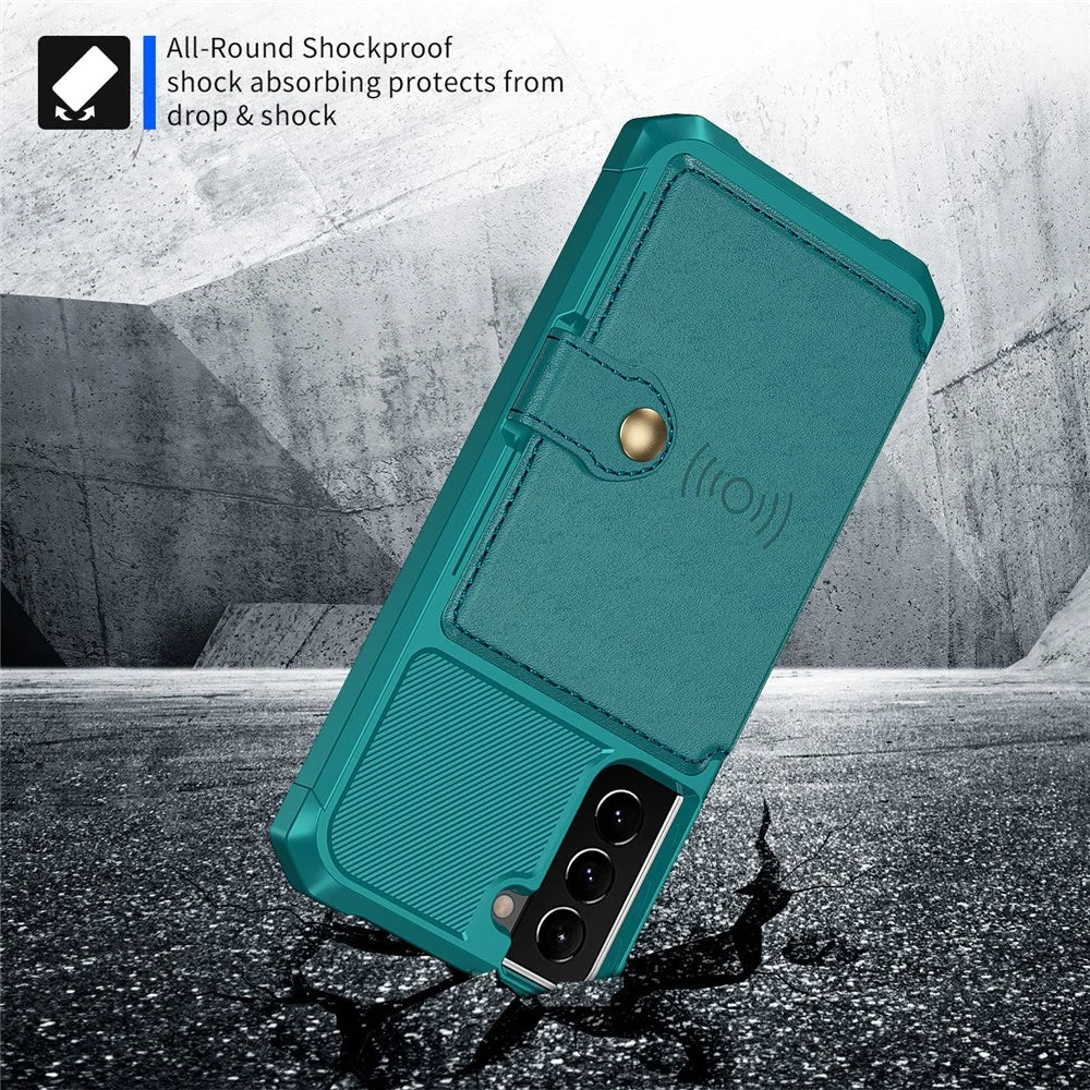 ZM03 For Samsung Galaxy S22 5G PU Leather + TPU Mobile Phone Shell Shockproof Card Holders Kickstand Phone Case Phone Shell [Built-in Magnetic Metal Sheet] - Green - 3