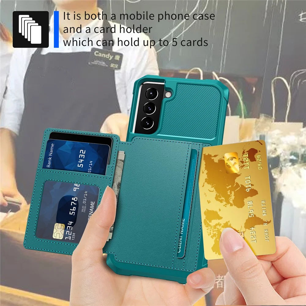 ZM03 For Samsung Galaxy S22 5G PU Leather + TPU Mobile Phone Shell Shockproof Card Holders Kickstand Phone Case Phone Shell [Built-in Magnetic Metal Sheet] - Green - 4