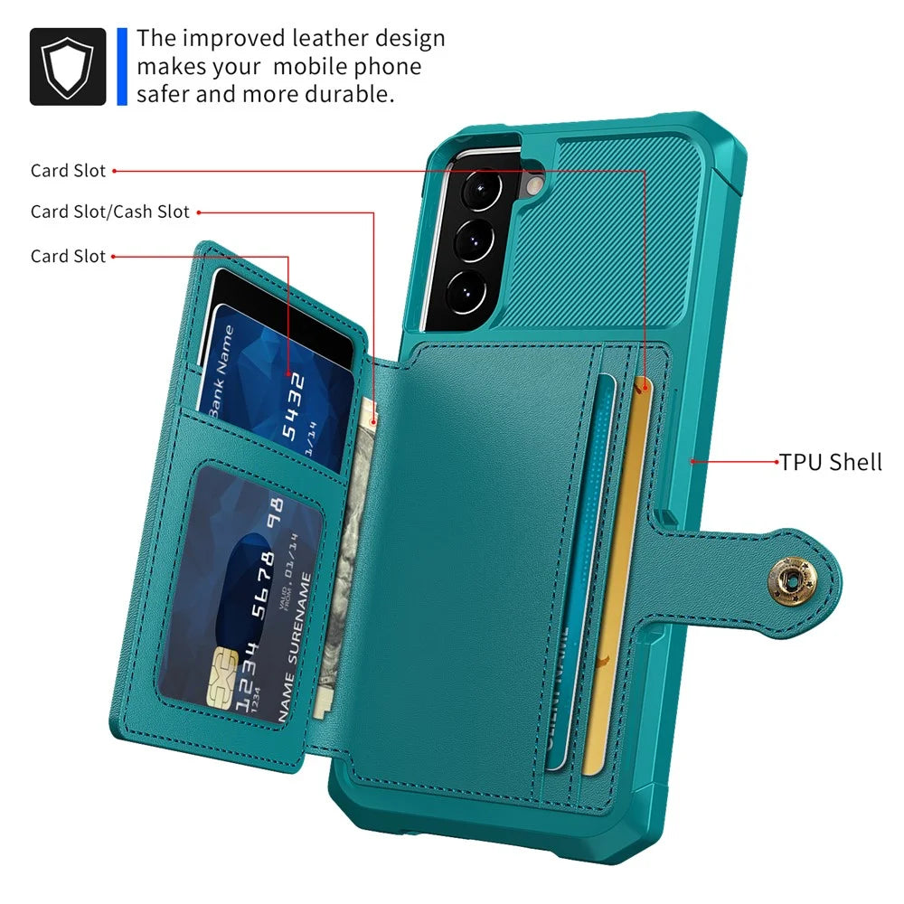 ZM03 For Samsung Galaxy S22 5G PU Leather + TPU Mobile Phone Shell Shockproof Card Holders Kickstand Phone Case Phone Shell [Built-in Magnetic Metal Sheet] - Green - 6
