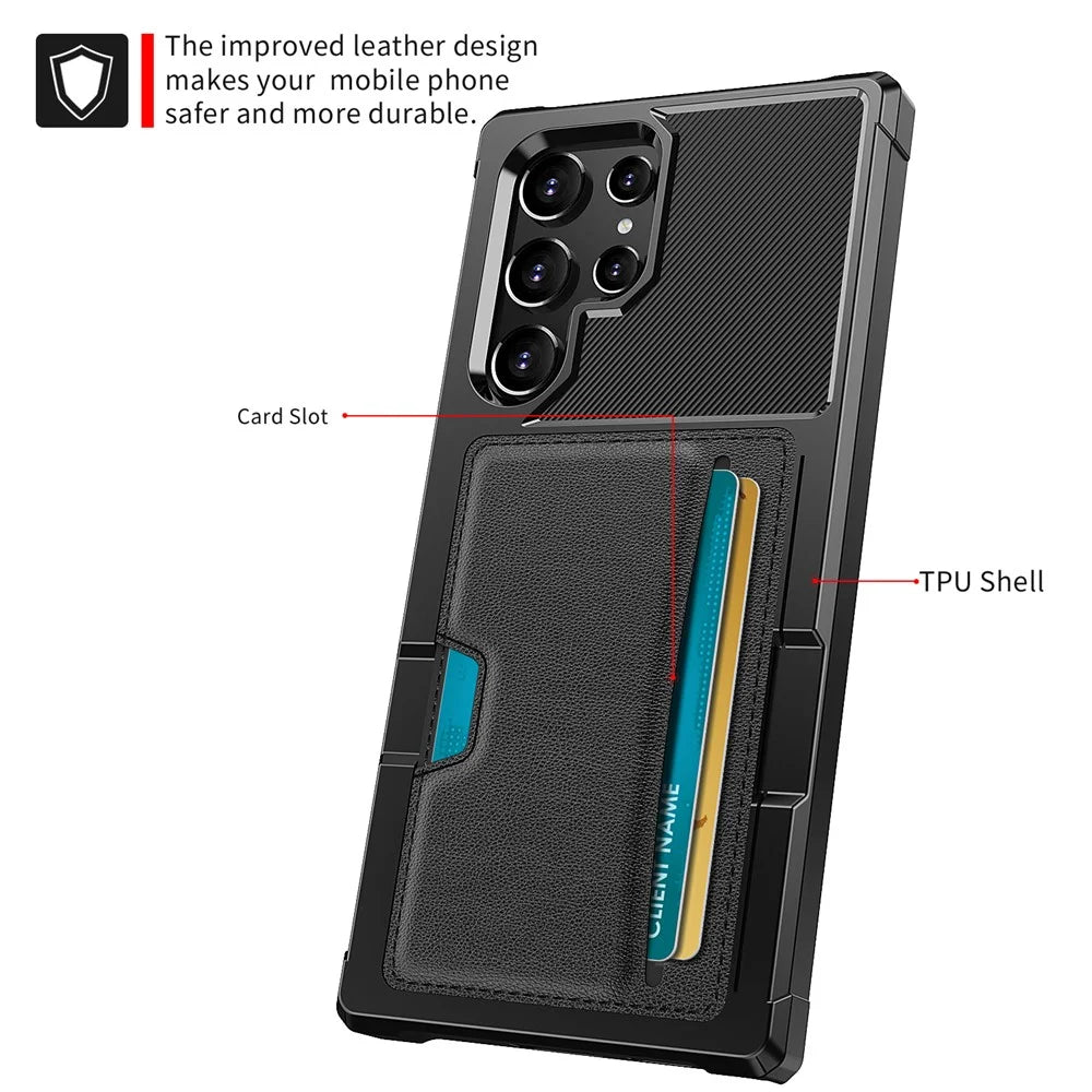 ZM02 Built-in Magnetic Metal Sheet Shockproof Card Holder PU Leather + TPU Hybrid Case Phone Cover for Samsung Galaxy S22 Ultra 5G - Black - 2