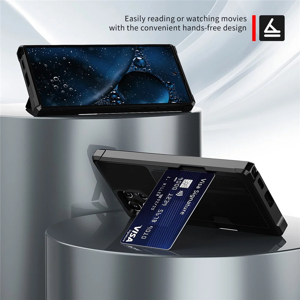 ZM02 Built-in Magnetic Metal Sheet Shockproof Card Holder PU Leather + TPU Hybrid Case Phone Cover for Samsung Galaxy S22 Ultra 5G - Black - 3