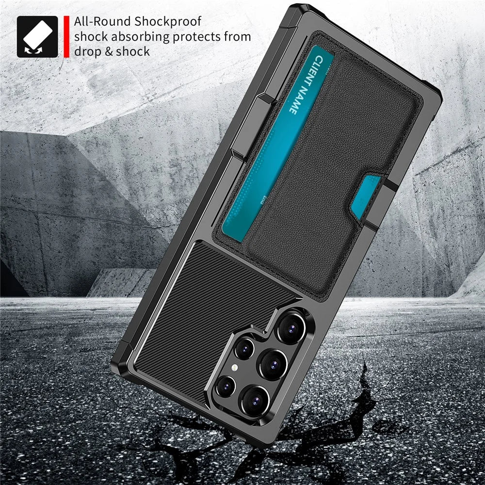 ZM02 Built-in Magnetic Metal Sheet Shockproof Card Holder PU Leather + TPU Hybrid Case Phone Cover for Samsung Galaxy S22 Ultra 5G - Black - 4