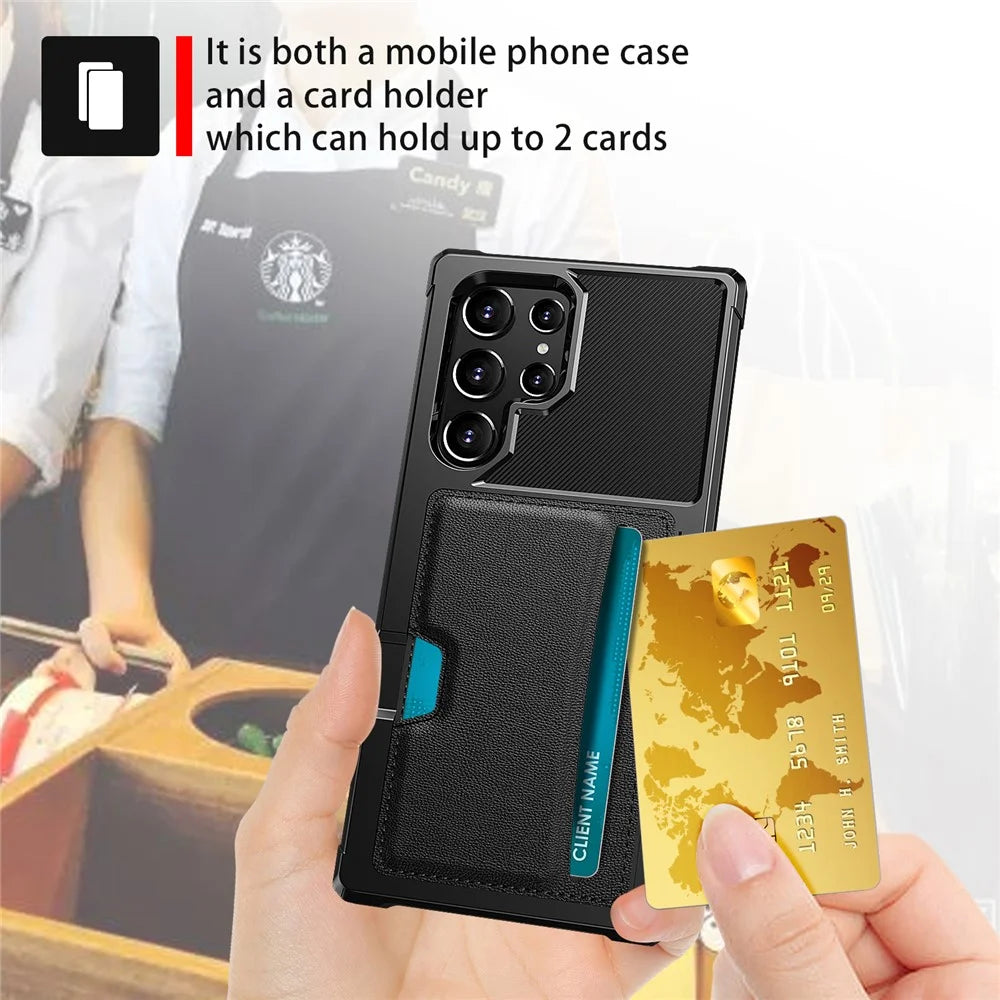ZM02 Built-in Magnetic Metal Sheet Shockproof Card Holder PU Leather + TPU Hybrid Case Phone Cover for Samsung Galaxy S22 Ultra 5G - Black - 5
