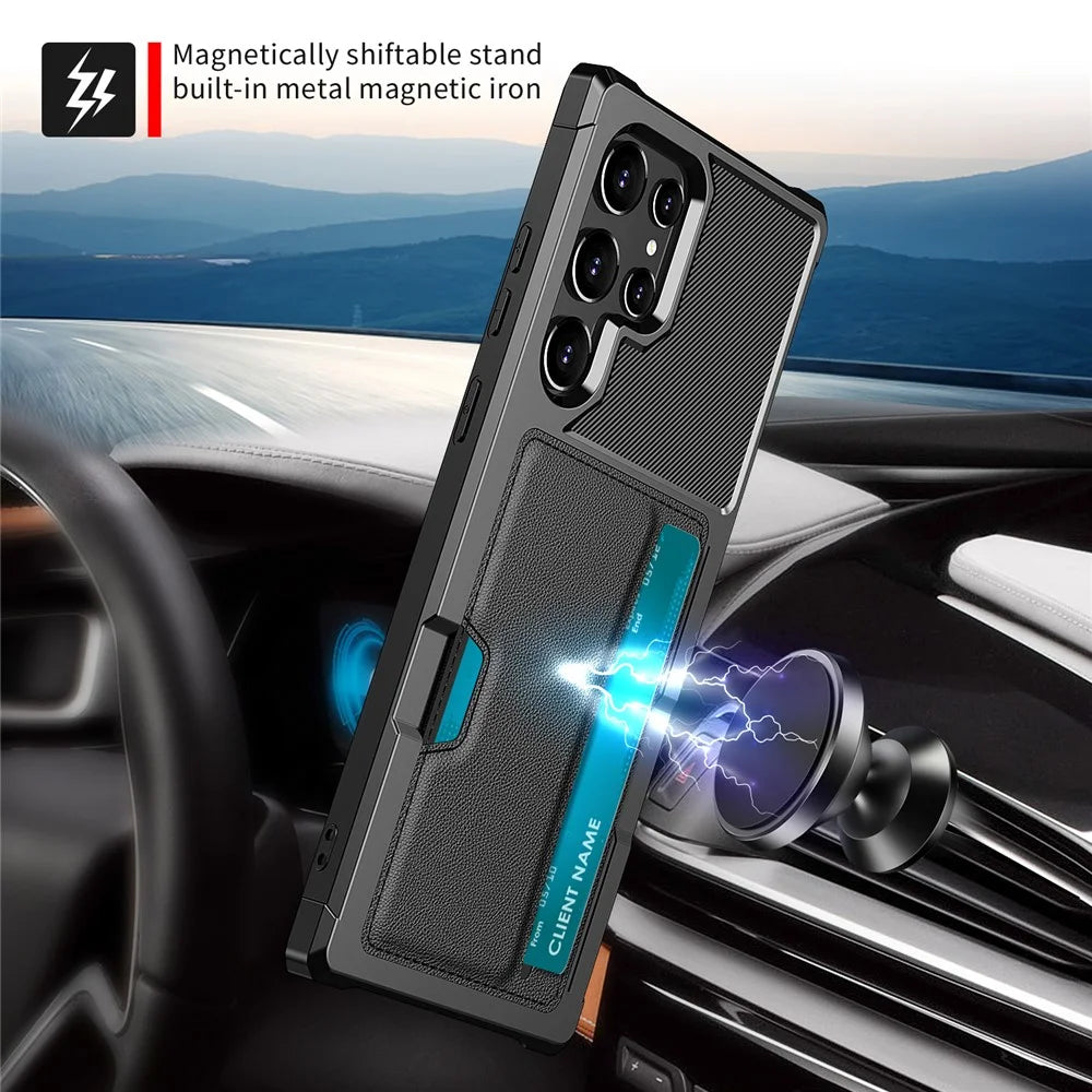 ZM02 Built-in Magnetic Metal Sheet Shockproof Card Holder PU Leather + TPU Hybrid Case Phone Cover for Samsung Galaxy S22 Ultra 5G - Black - 6