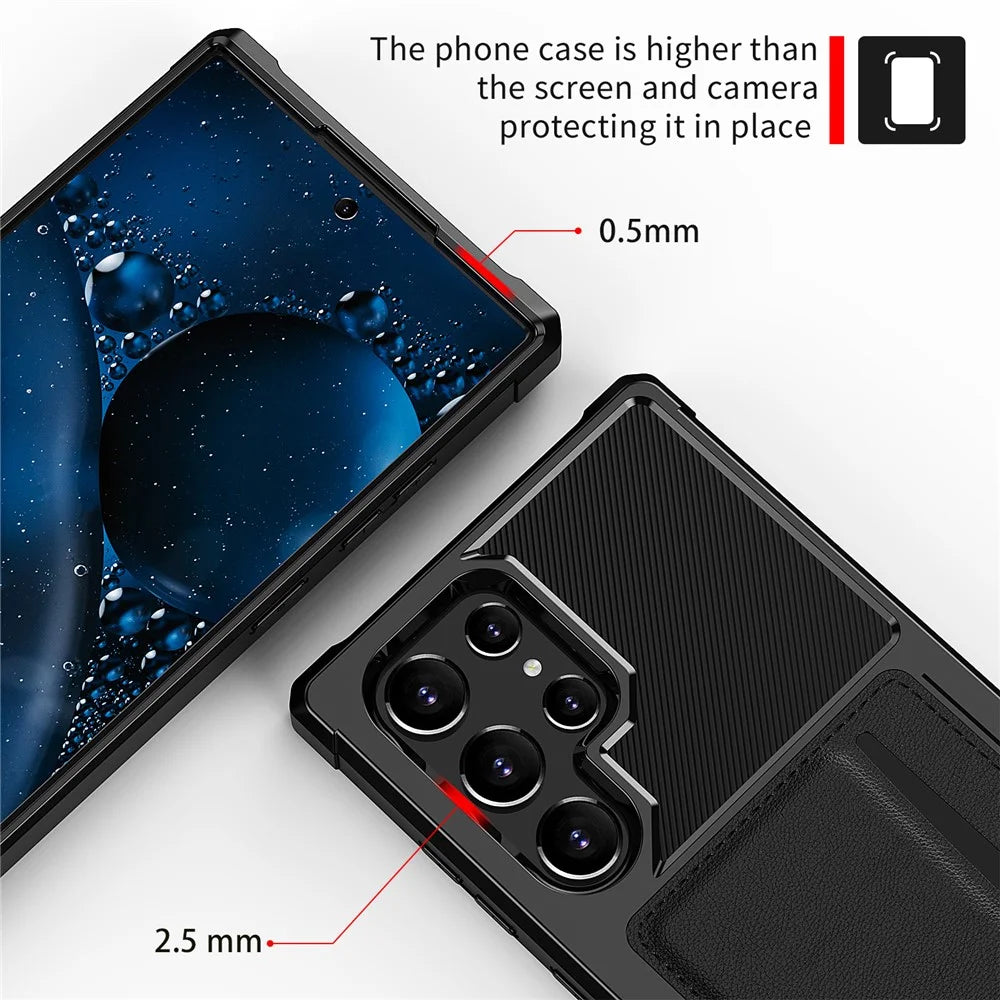 ZM02 Built-in Magnetic Metal Sheet Shockproof Card Holder PU Leather + TPU Hybrid Case Phone Cover for Samsung Galaxy S22 Ultra 5G - Black - 7