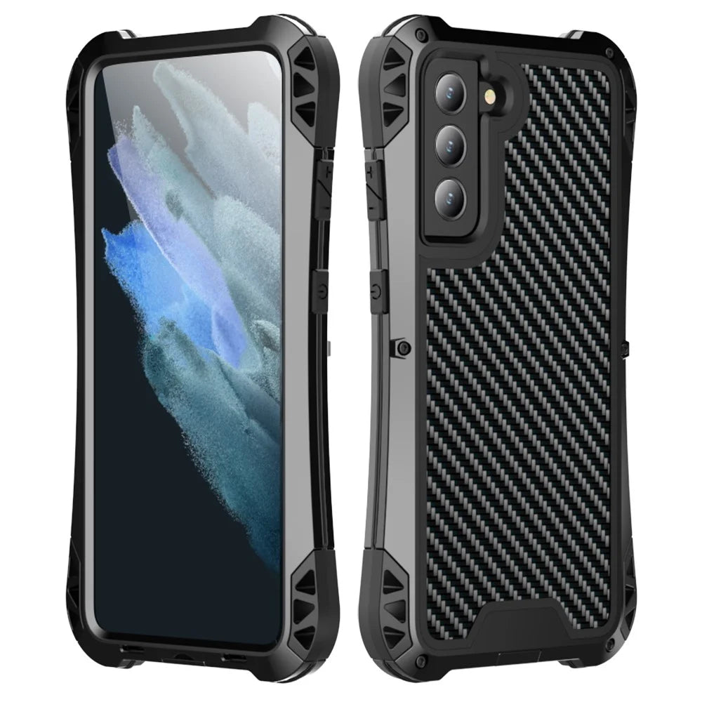 R-JUST AMIRA Carbon Fiber Texture Four Corner Airbag Full Protection Phone Case Shell for Samsung Galaxy S21 FE 5G - Black - 1
