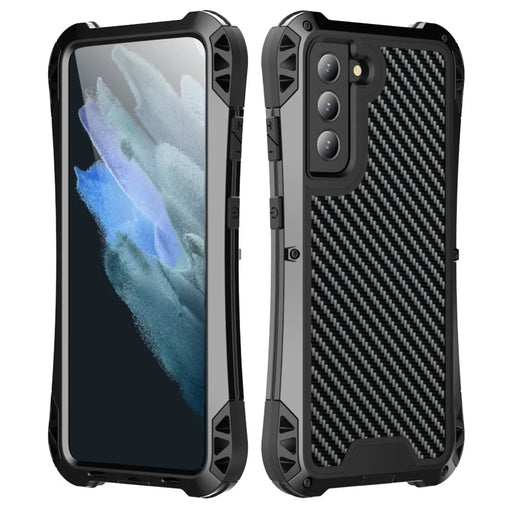 R-JUST AMIRA Carbon Fiber Texture Four Corner Airbag Full Protection Phone Case Shell for Samsung Galaxy S21 FE 5G - Black - 1