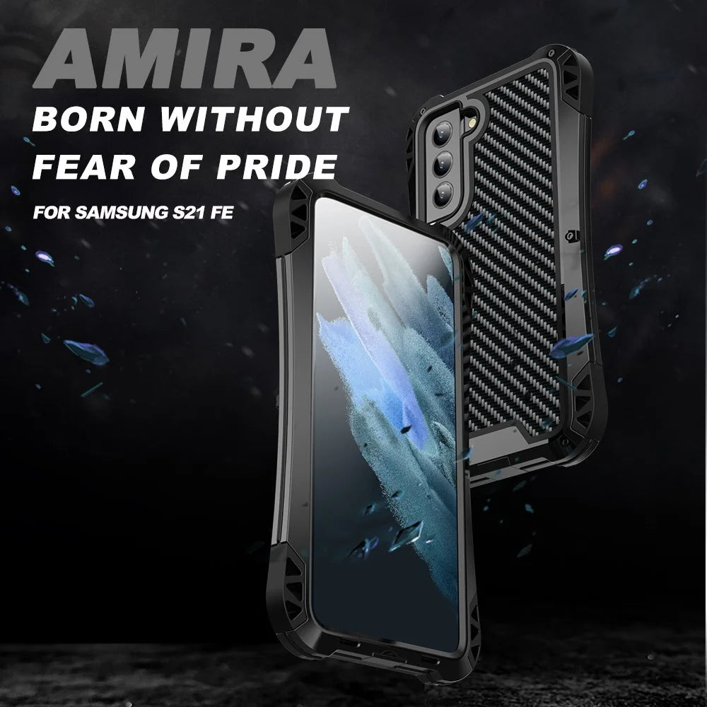 R-JUST AMIRA Carbon Fiber Texture Four Corner Airbag Full Protection Phone Case Shell for Samsung Galaxy S21 FE 5G - Black - 3