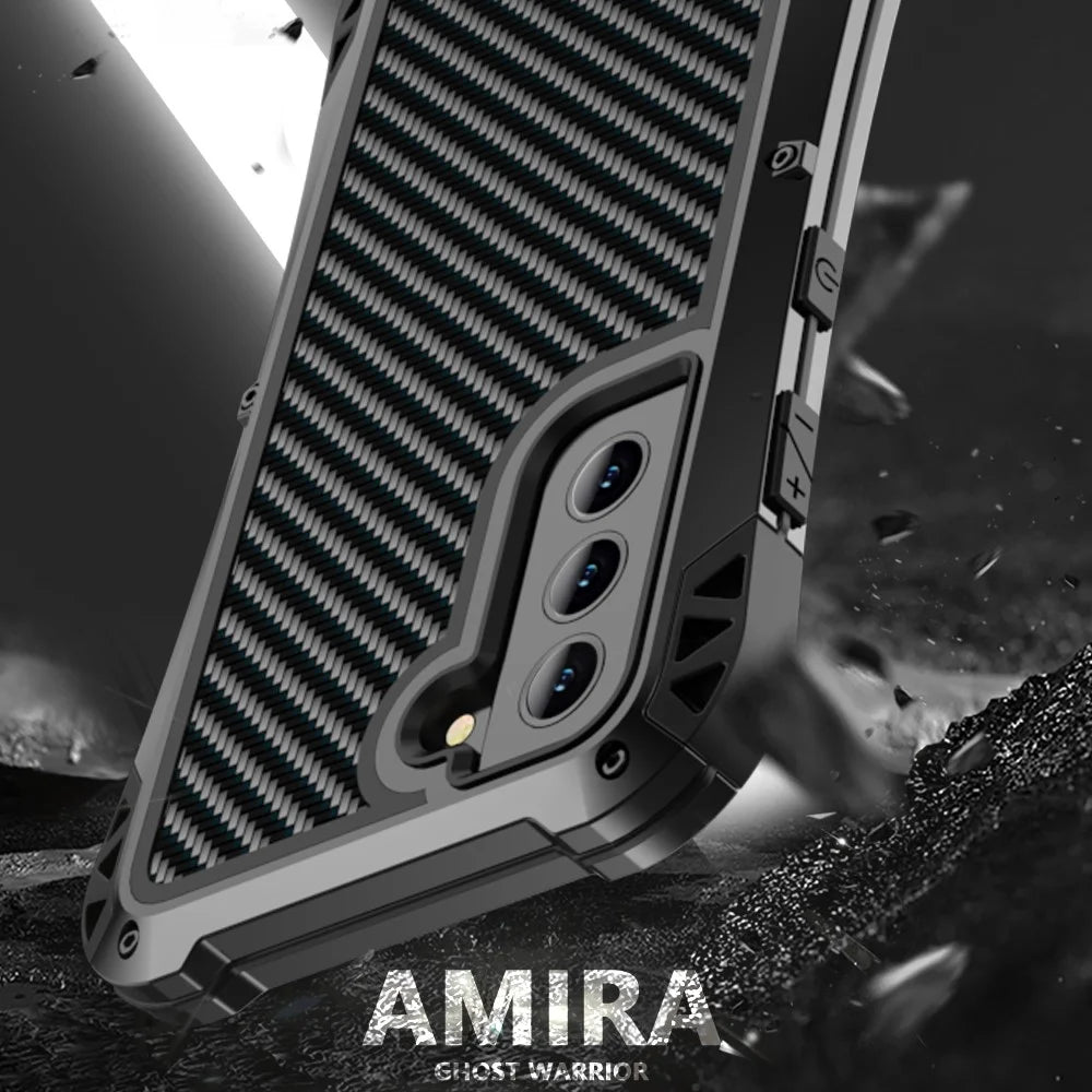 R-JUST AMIRA Carbon Fiber Texture Four Corner Airbag Full Protection Phone Case Shell for Samsung Galaxy S21 FE 5G - Black - 5