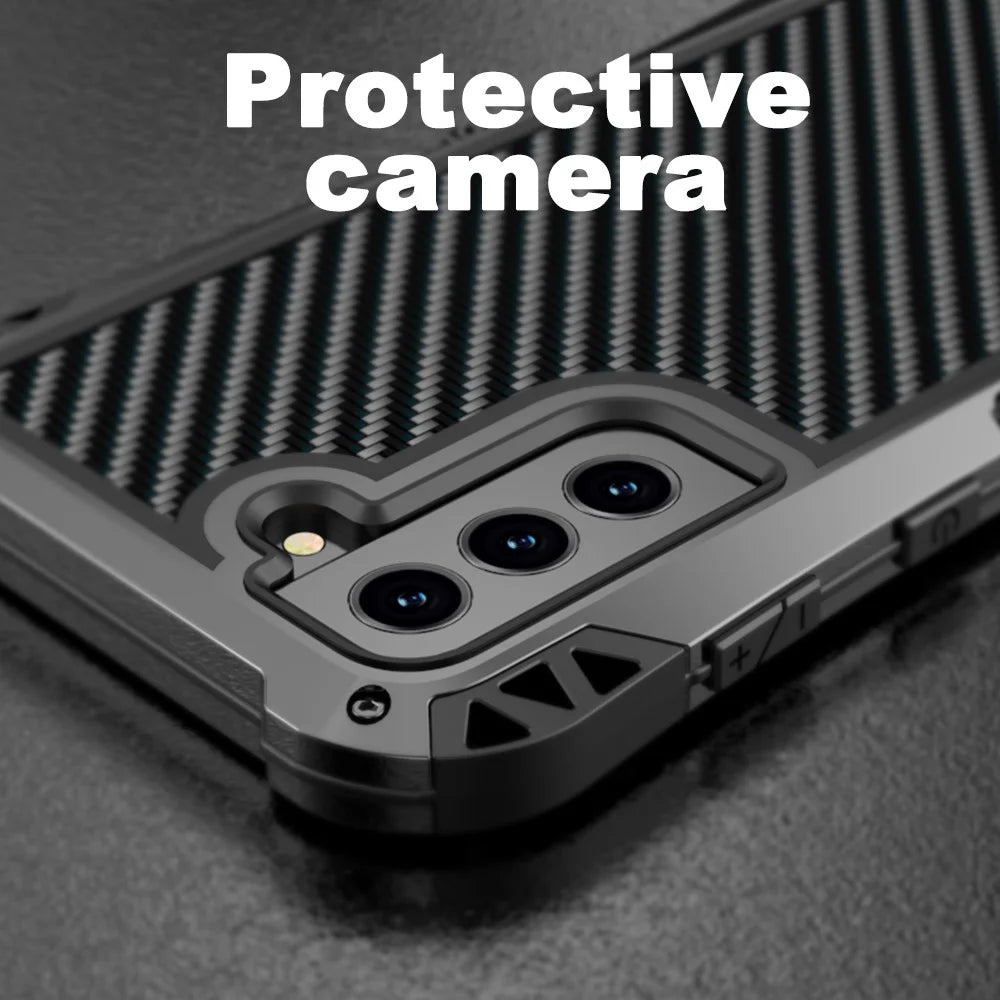 R-JUST AMIRA Carbon Fiber Texture Four Corner Airbag Full Protection Phone Case Shell for Samsung Galaxy S21 FE 5G - Black - 6