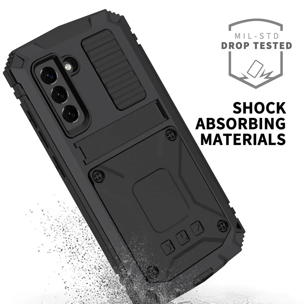 R-JUST Drop-proof Dust-proof Waterproof Full Protection PC + Silicone + Metal Phone Case with Kickstand for Samsung Galaxy S21 FE 5G - Black - 3