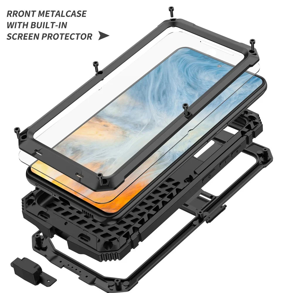 R-JUST Drop-proof Dust-proof Waterproof Full Protection PC + Silicone + Metal Phone Case with Kickstand for Samsung Galaxy S21 FE 5G - Black - 6