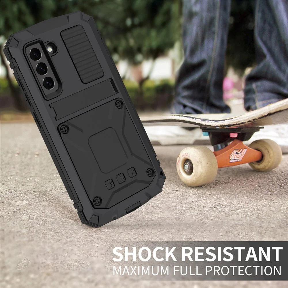 R-JUST Drop-proof Dust-proof Waterproof Full Protection PC + Silicone + Metal Phone Case with Kickstand for Samsung Galaxy S21 FE 5G - Black - 7