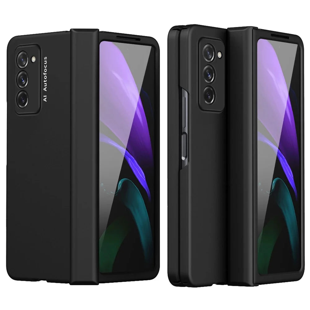 Full Protection Hinge Design Hard PC Folding Phone Case Cover with Glass Screen Protector for Samsung Galaxy Z Fold2 5G - Black - 1