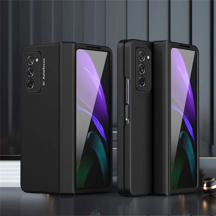 Full Protection Hinge Design Hard PC Folding Phone Case Cover with Glass Screen Protector for Samsung Galaxy Z Fold2 5G - Black - 2