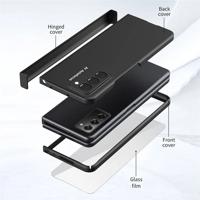Full Protection Hinge Design Hard PC Folding Phone Case Cover with Glass Screen Protector for Samsung Galaxy Z Fold2 5G - Black - 3