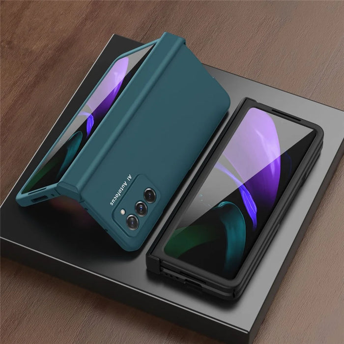 Full Protection Hinge Design Hard PC Folding Phone Case Cover with Glass Screen Protector for Samsung Galaxy Z Fold2 5G - Black - 6