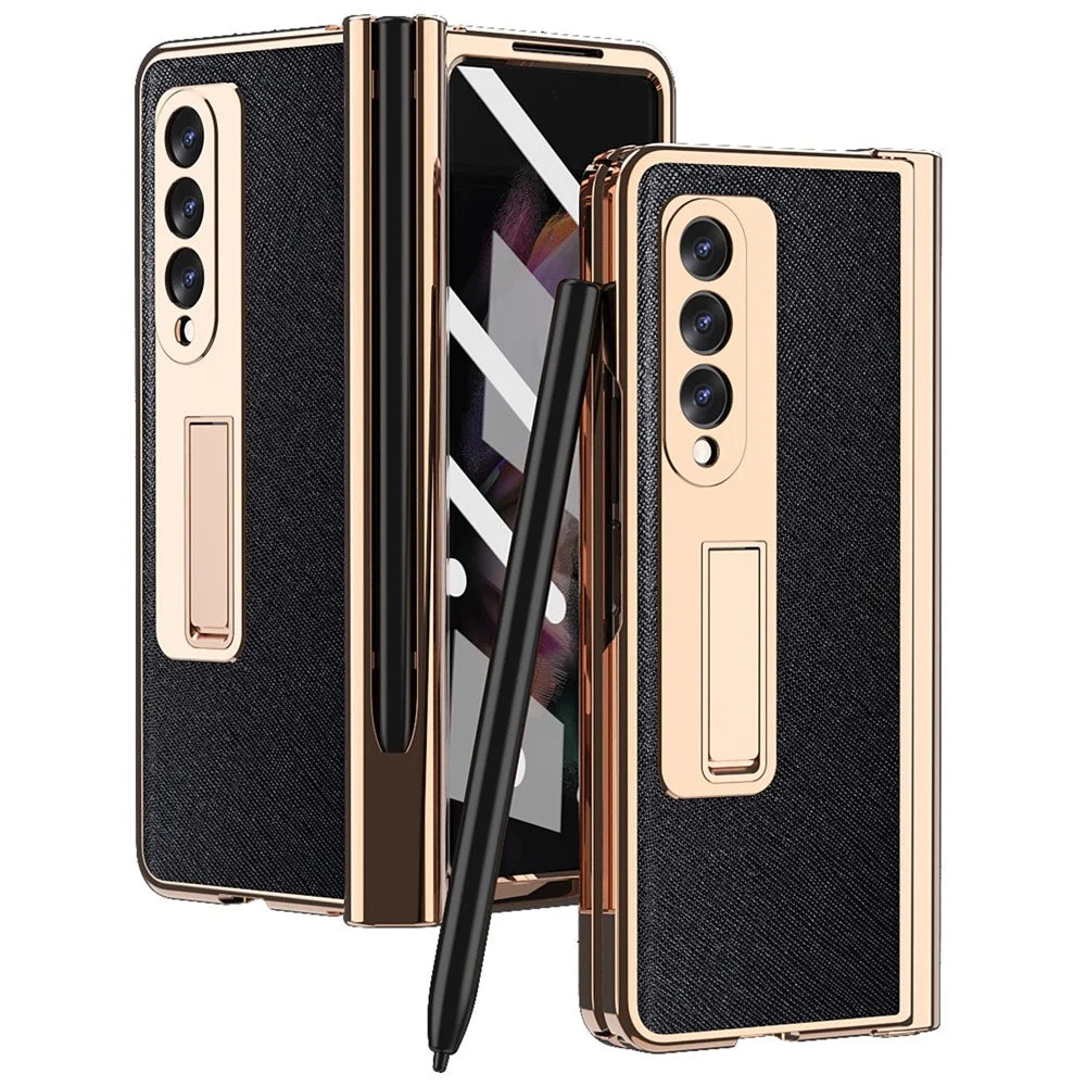 Screen Protector Design Cross Texture PU Leather Coated TPU + PC Phone Case with Hinge Pen Holder and Kickstand for Samsung Galaxy Z Fold3 5G - Black - 1