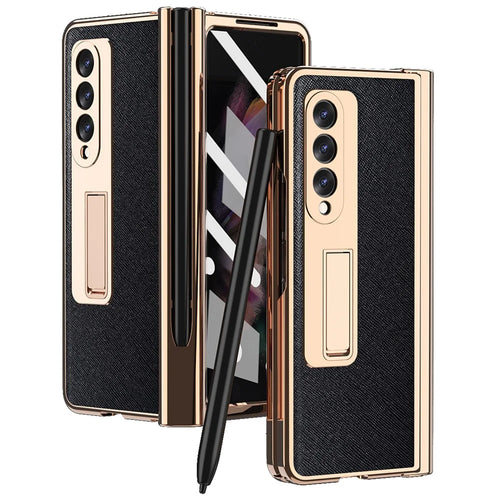 Screen Protector Design Cross Texture PU Leather Coated TPU + PC Phone Case with Hinge Pen Holder and Kickstand for Samsung Galaxy Z Fold3 5G - Black - 1