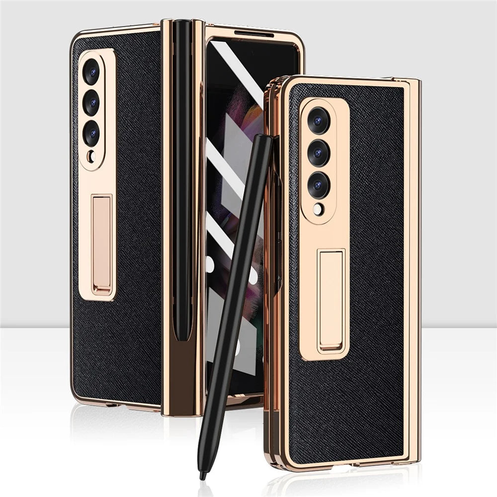 Screen Protector Design Cross Texture PU Leather Coated TPU + PC Phone Case with Hinge Pen Holder and Kickstand for Samsung Galaxy Z Fold3 5G - Black - 2