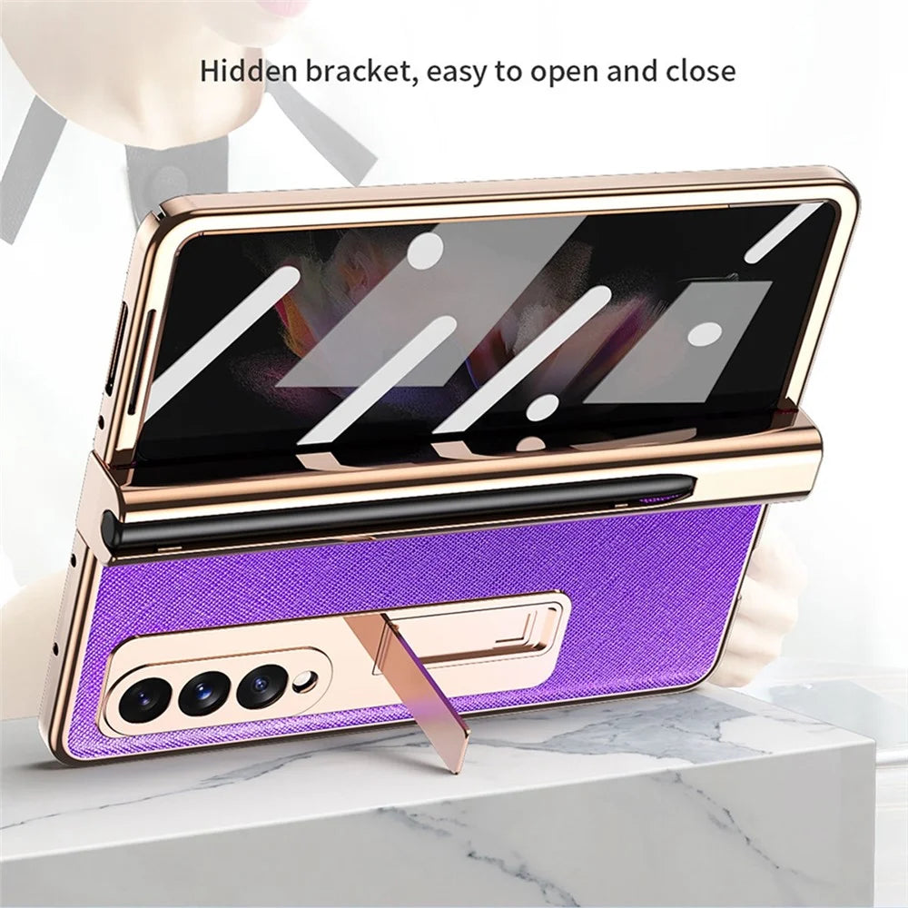 Screen Protector Design Cross Texture PU Leather Coated TPU + PC Phone Case with Hinge Pen Holder and Kickstand for Samsung Galaxy Z Fold3 5G - Black - 3