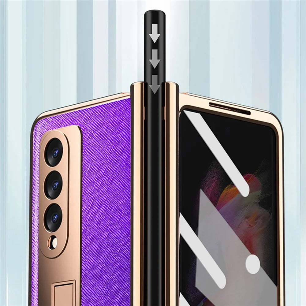 Screen Protector Design Cross Texture PU Leather Coated TPU + PC Phone Case with Hinge Pen Holder and Kickstand for Samsung Galaxy Z Fold3 5G - Black - 5
