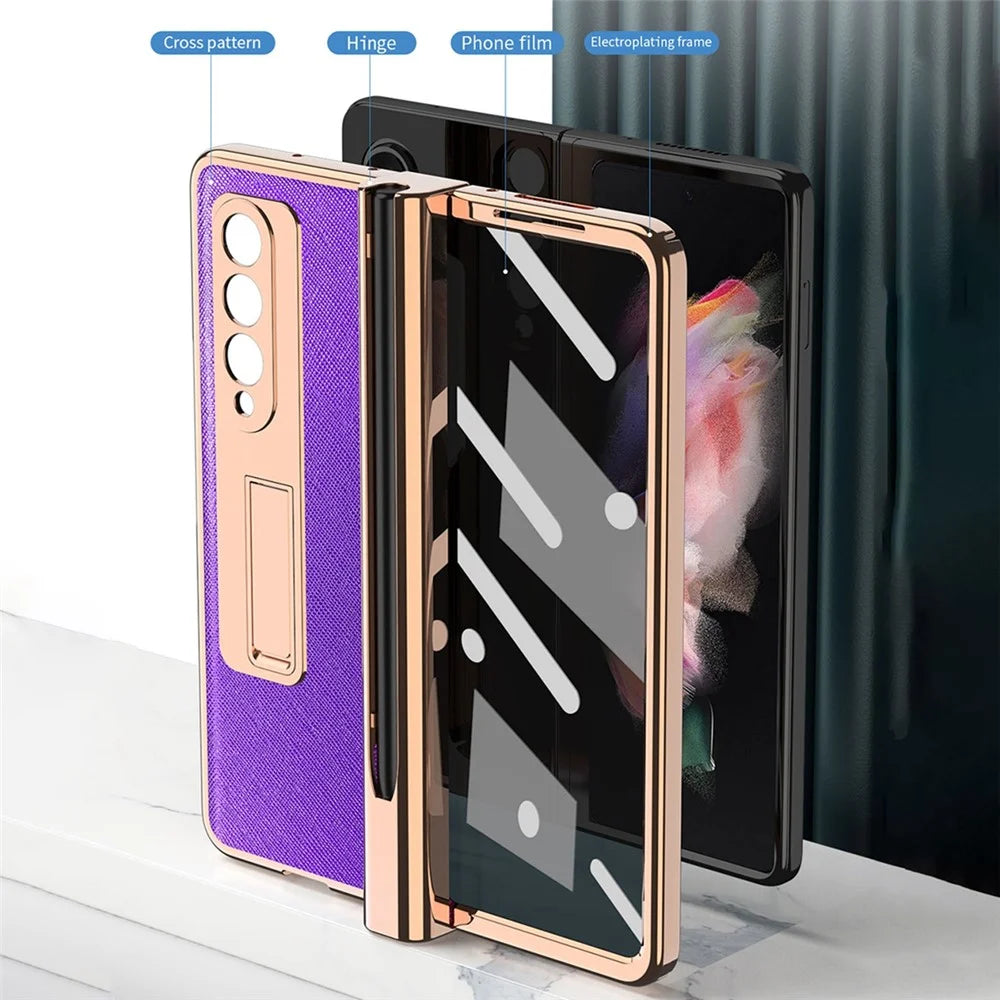 Screen Protector Design Cross Texture PU Leather Coated TPU + PC Phone Case with Hinge Pen Holder and Kickstand for Samsung Galaxy Z Fold3 5G - Black - 6