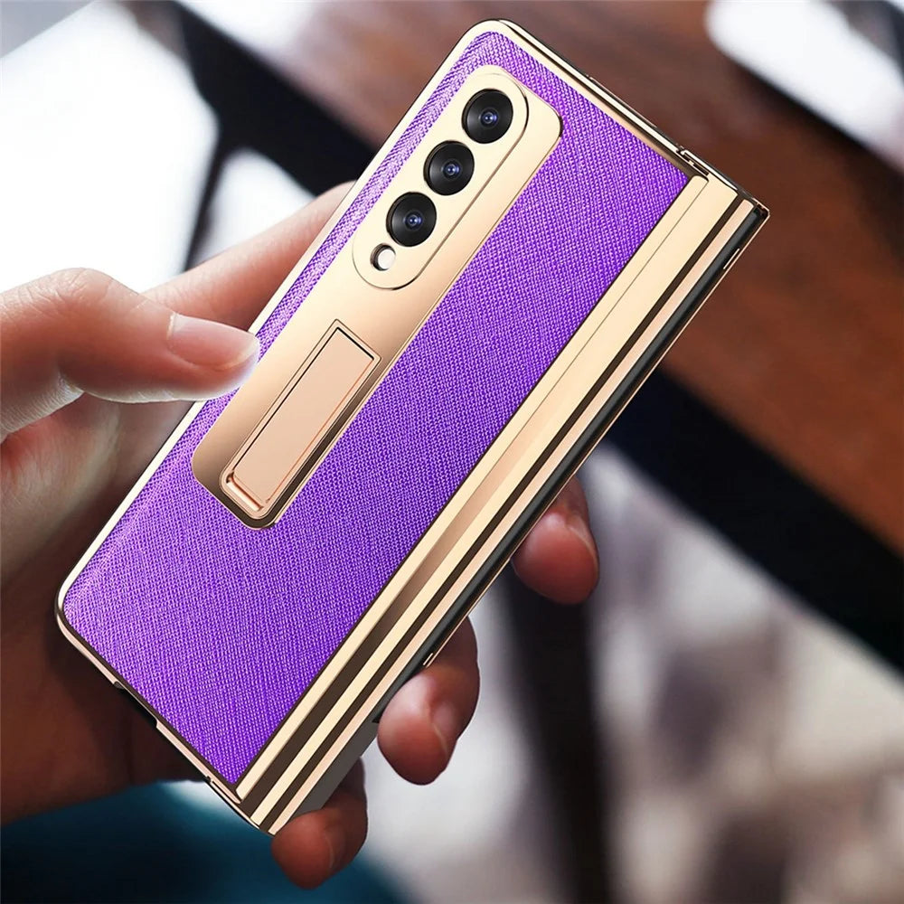 Screen Protector Design Cross Texture PU Leather Coated TPU + PC Phone Case with Hinge Pen Holder and Kickstand for Samsung Galaxy Z Fold3 5G - Black - 7