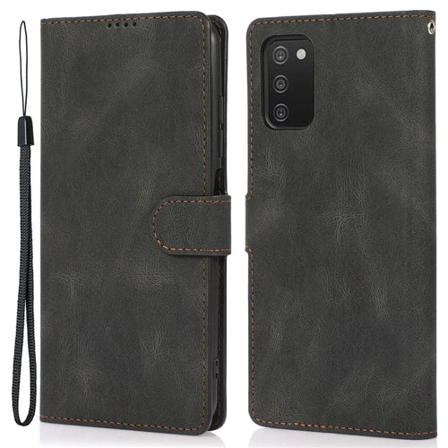 Stand PU Leather Wallet Case Magnetic Shockproof Cover with Wrist Strap for Samsung Galaxy A03s (164.2mm) - Black - 1