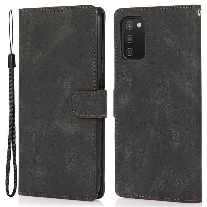 Stand PU Leather Wallet Case Magnetic Shockproof Cover with Wrist Strap for Samsung Galaxy A03s (164.2mm) - Black - 1
