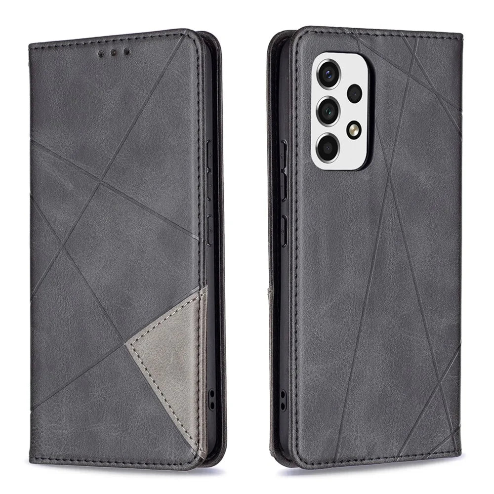 Fully-Wrapped Rhombus-Like Imprinted Magnetic Closure Card Slots Design Leather Phone Case with Stand for Samsung Galaxy A53 5G - Black - 1