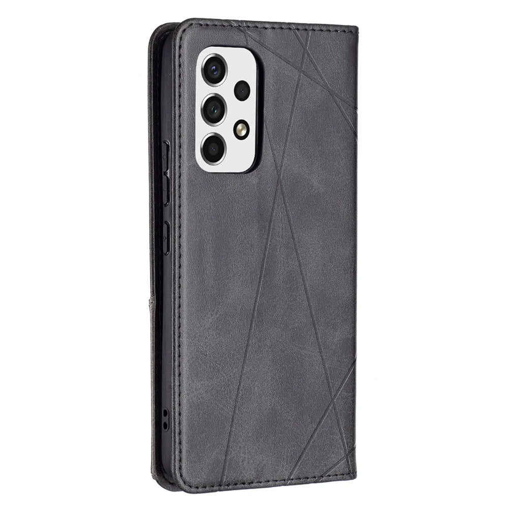 Fully-Wrapped Rhombus-Like Imprinted Magnetic Closure Card Slots Design Leather Phone Case with Stand for Samsung Galaxy A53 5G - Black - 3
