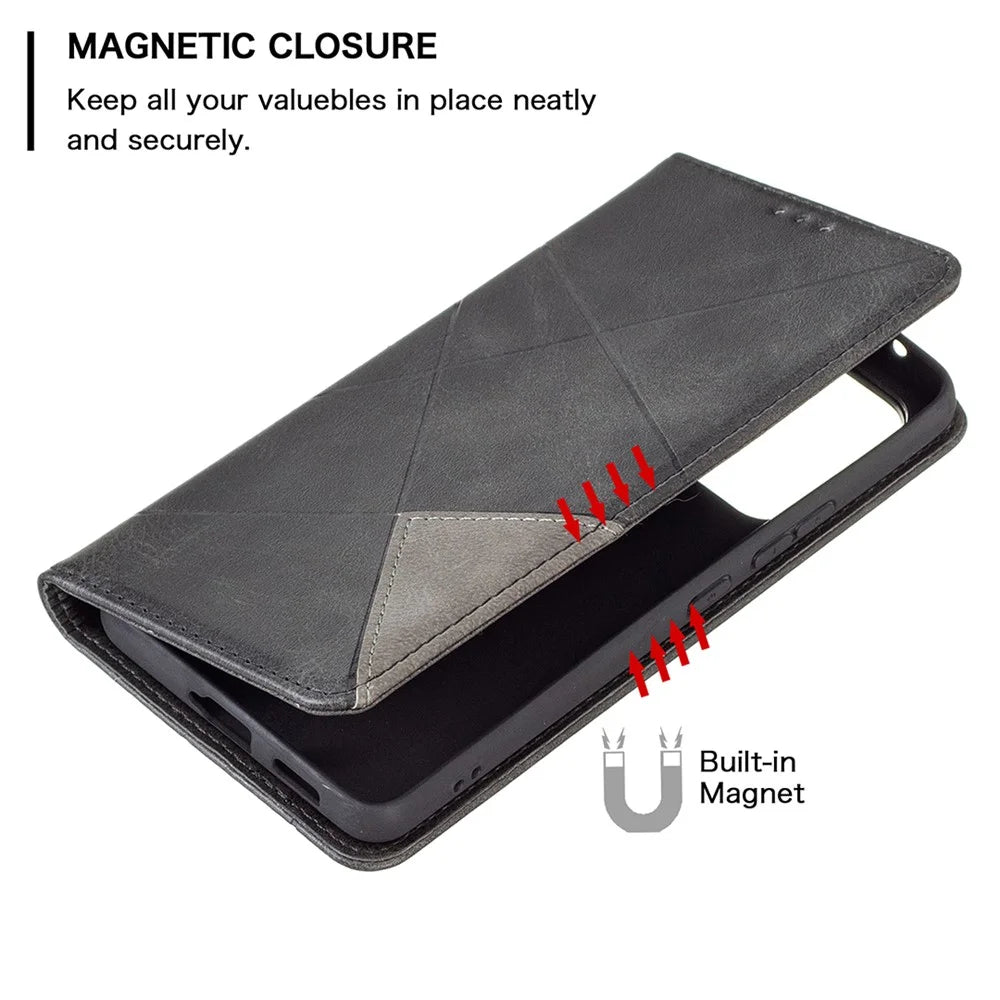 Fully-Wrapped Rhombus-Like Imprinted Magnetic Closure Card Slots Design Leather Phone Case with Stand for Samsung Galaxy A53 5G - Black - 5