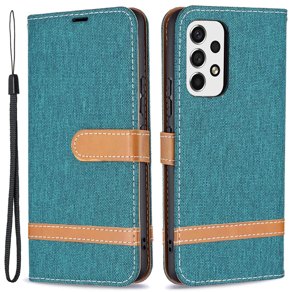 Color Splicing Jeans Cloth Magnetic Clasp Stand PU Leather Wallet Leather Phone Case with Carrying Lanyard for Samsung Galaxy A53 5G - Green - 1