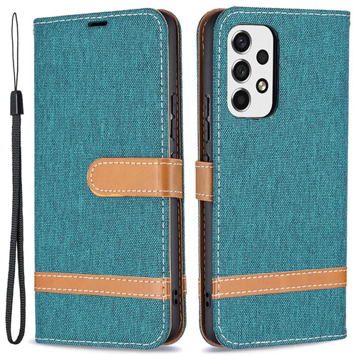 Color Splicing Jeans Cloth Magnetic Clasp Stand PU Leather Wallet Leather Phone Case with Carrying Lanyard for Samsung Galaxy A53 5G - Green - 1