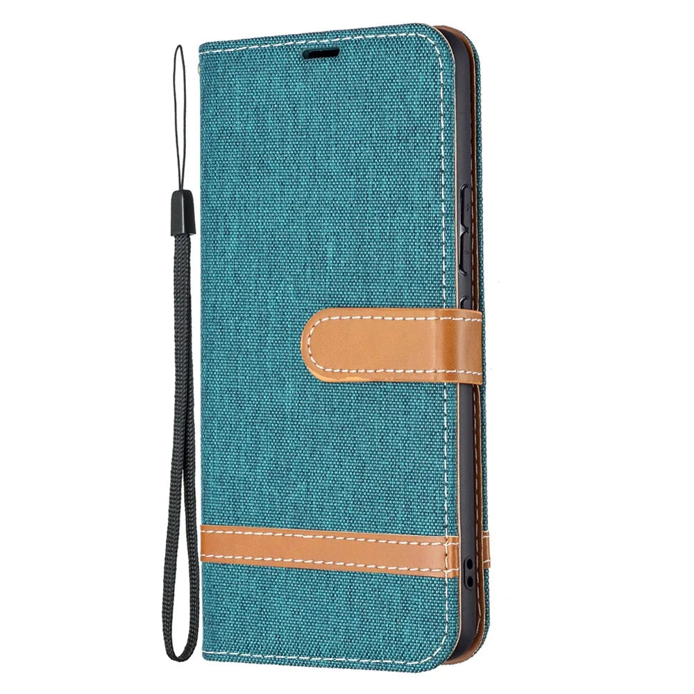 Color Splicing Jeans Cloth Magnetic Clasp Stand PU Leather Wallet Leather Phone Case with Carrying Lanyard for Samsung Galaxy A53 5G - Green - 2