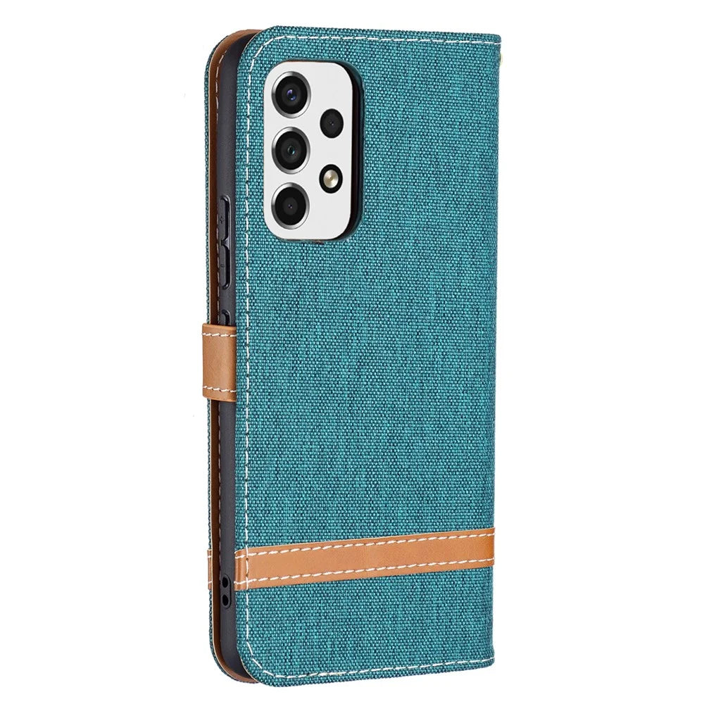 Color Splicing Jeans Cloth Magnetic Clasp Stand PU Leather Wallet Leather Phone Case with Carrying Lanyard for Samsung Galaxy A53 5G - Green - 3